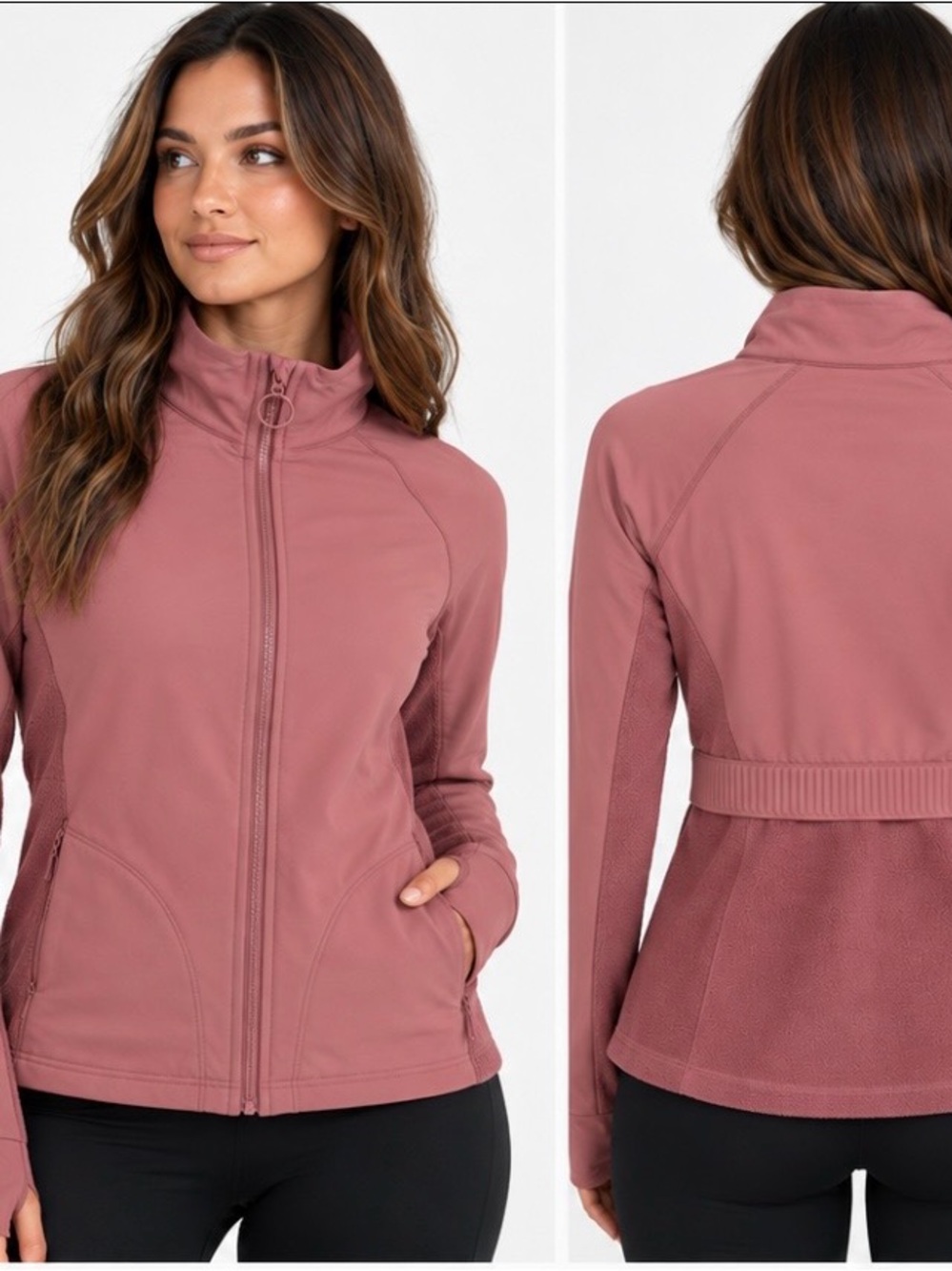 Fabletics Mauve Pink Full Zip Athletic Jacket Fleece Panels Thumbholes Size M💕